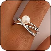 HUASAI Pearl Ring for Women Cubic Zirconia Engagement Ring Gold Silver Rhinestone Statement Dainty Simple Finger Open Rings Dress Accessories Valentines Day Jewelry Gift for Her
