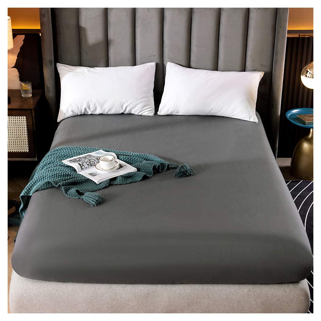 Fitted Bed Sheet only 【Charcoal】Mattress Cover TC600 Ultra Soft Touch Silk Like Satin Breathable Luxury Premium Quality Microfiber Wrinkle & Stain Resistant Mattress Sheet (King 155x200+30cm) — image 1