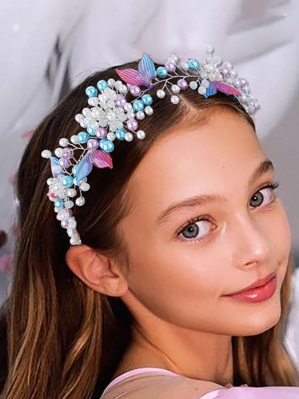 IYOU Mermaid Wedding Hair Vines Silver Pearl Headband Beads Princess Bridal Headpiece Hair Accessories for Flower Girls