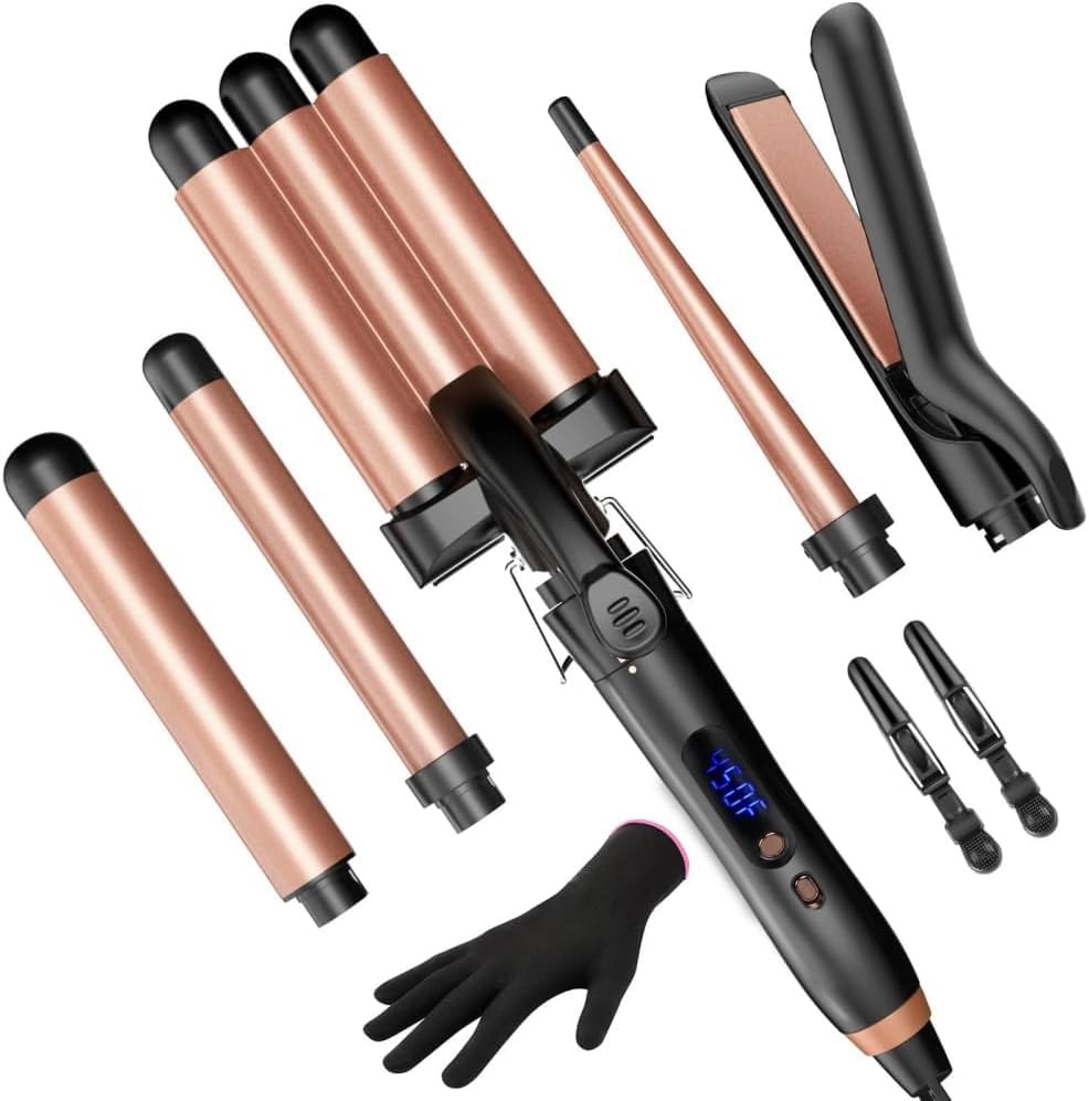 Photo 1 of MIANMIAN 5 in 1 Curling Wand Set with LCD Temp Display, Curling Iron Set - with 4 Interchangeable Ceramic Curling Iron and Hair Straightener, Fast Heating Suitable for All Hair Types, Glove & 2 Clips