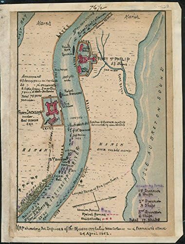 Vintage 1861 to 1862 Map of defenses of the Mississippi below New Orleans and Farragut's attack 24 April 1862. Map shows the Confederate fortifications at Fort Jackson under Gen. Duncan, Fort St. Philip and the Union fleet along the Mississippi River. This map, also shows the positions of Union ships under Farragut, who captured the strategic port of New Orleans, thereby providing the Federal army access to the Mississippi River. Fort Jackson, Fort Jackson Region, Louisiana, Lousiana, New Orlean