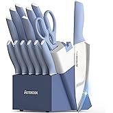 Astercook Kitchen Knife Set with Block and Sharpener 15 Piece German High Carbon Stainless Steel Sharp Blade Dishwasher Safe with Ergonomic Handle, Delicate Blue