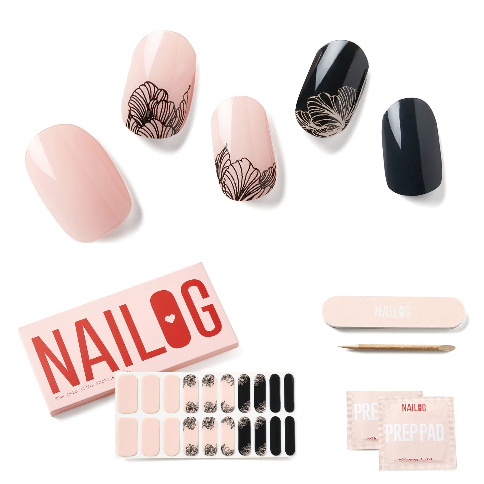 NAILOG Semi Cured Gel Strips (20 Extra Long Stickers), UV/Led Lamp Glossy & Long Lasting Soft Gel Finish Wrap, Blossom — image 1
