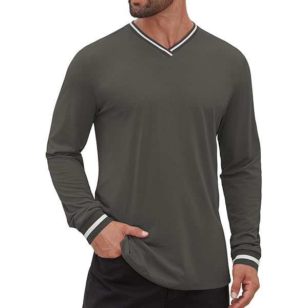 Mens Long Sleeves Shirts Stand Collar V Neck Tees Loose Casual