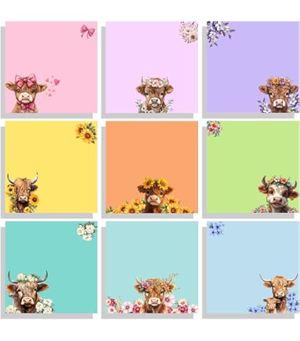 Blocs-notes Adhésifs En Forme De Vache Highlands | Lot De 9 Blocs | 50 Feuilles Par Bloc | 7,6x7,6 Cm