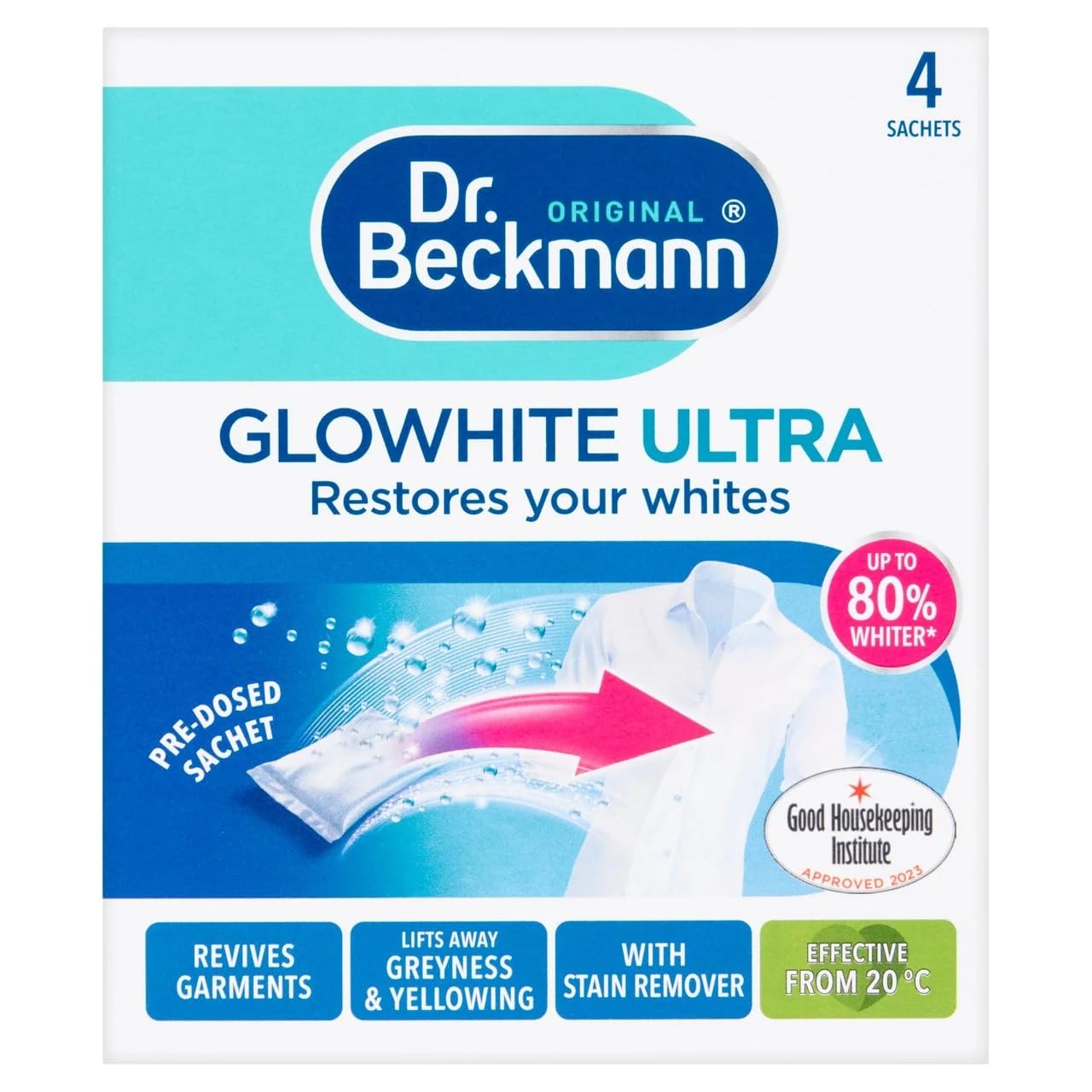 Dr Beckmann Glowhite Ultra Fabric Whitener 4 x 40g Sachets (Pack of 2)