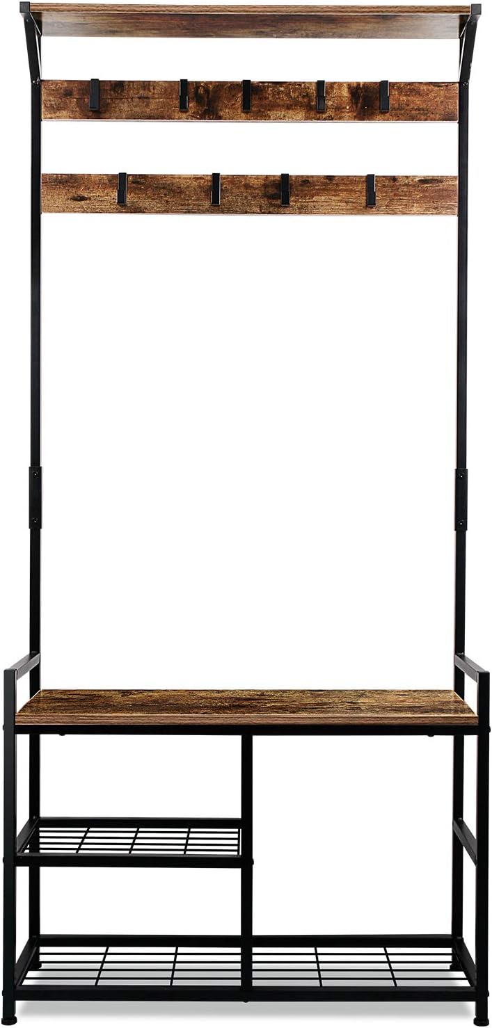 HOMEKOKO Coat Rack Shoe Bench, Hall Tree Entryway Storage Bench, Wood Look Accent Furniture with Metal Frame, 3-in-1 Design (Rustic Brown): Home & Kitchen