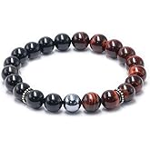 COLORFEY Red Tigers Eye Bead Bracelet for Men Women, Triple Protection Crystals Energy Beads Tiger Eye Obsidian Beaded Bracelet, 10mm Elastic Terahertz Healing Stone Bracelets Set for Him Relax