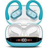 Qecnato Wireless Earbuds Bluetooth 5.4 Headphones 75H Stereo Deep Bass Sports Over Ear Buds with Earhooks, LED Display Bluetooth Earbuds with 4 ENC Mic, IP7 Waterproof Earphone for Running, Blue