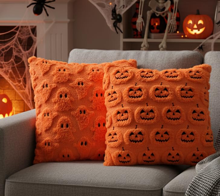 VITASHYNX 2 Pack Halloween Pillow Covers 18X18 Inch, Pumpkin Pillow Cover, Soft Plush Faux Wool Decorative Fall Throw Pillowcase for Couch Sofa Home Decor, Orange and Black