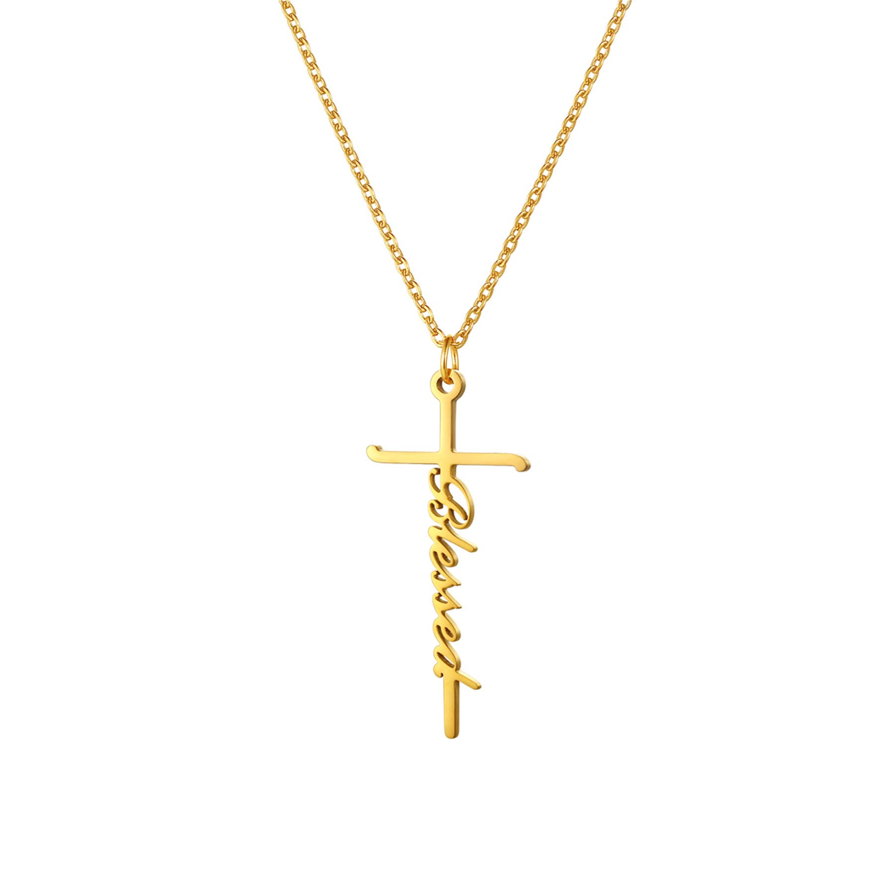 JewelryWe Faith Cross Necklace,Silver/Gold Tone Personalised Love Hope Believe Pendant Necklace Christian Religious Inspirational Jewelry for Women Girls — image 1