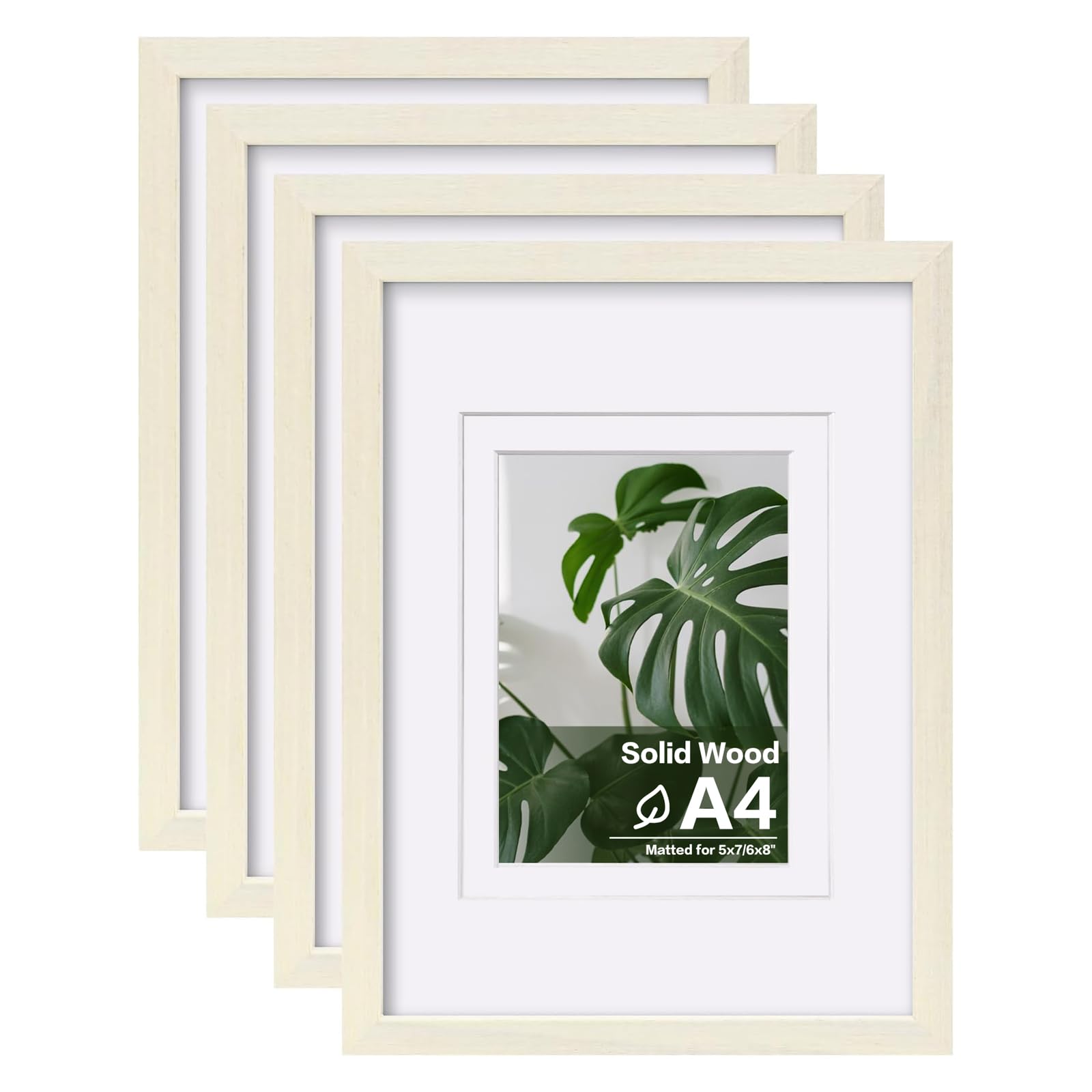 Egofine A4 Picture Frames Set of 4, Made of Solid Wood Covered by Plexiglass 5x7 and 6x8 with Mat or A4 without Mat, for Table Top Display and Wall Mounting Photo Frame Beige Image