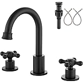 Aolemi 8 Inch 3 Holes Widespread Bathroom Sink Faucet Double Cross Handle SUS304 360 Degree Swivel Spout with Pop Up Drain Deck Mount Lavatory Mixer Tap Matte Black