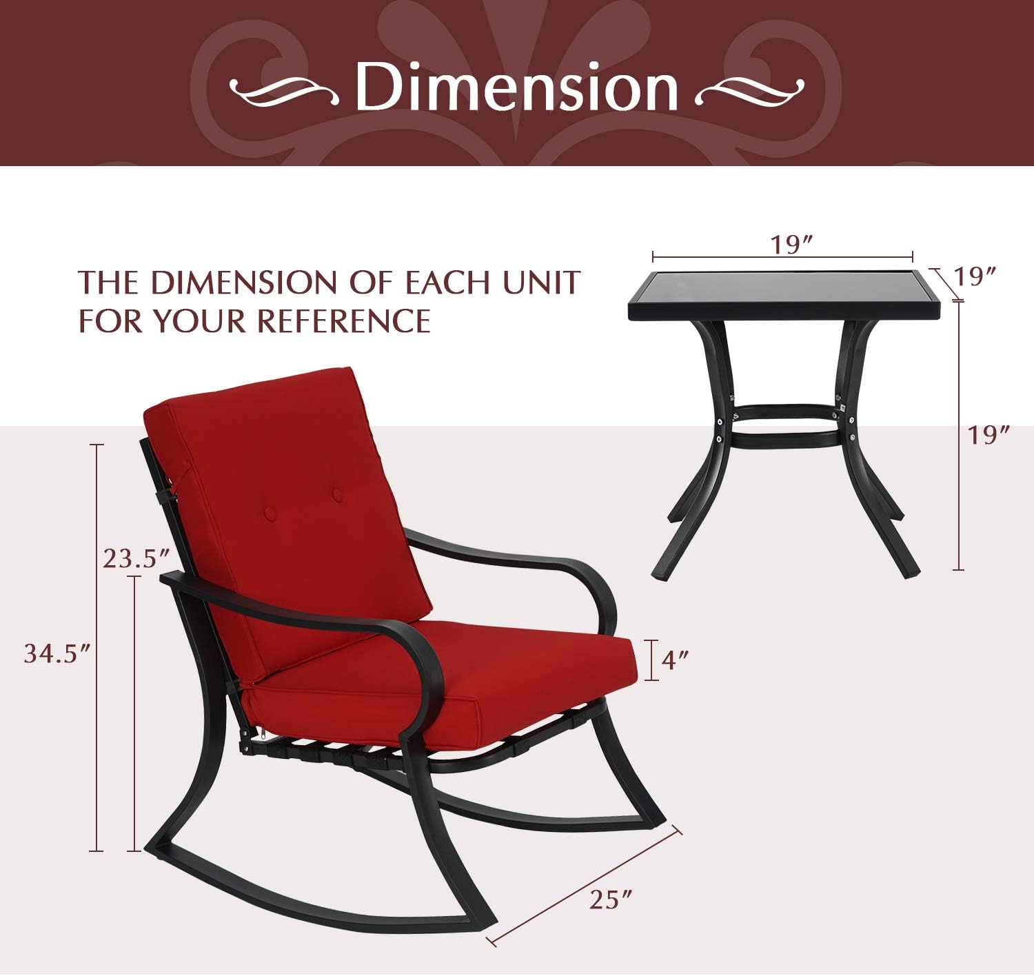 Bistro Sets Patio Lawn Garden Black Steel Patio Furniture With Brown Thickened Cushion And Glass Top Coffee Table Suncrown Outdoor 3 Piece Rocking Chairs Bistro Set