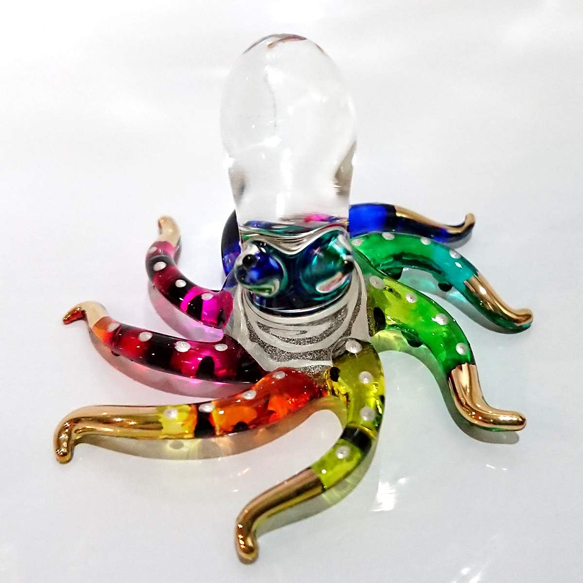 Sansukjai Octopus Miniature Figurines Animals Hand Painted Blown Glass Art Gold Trim Collectible Gift Decorate, Rainbow