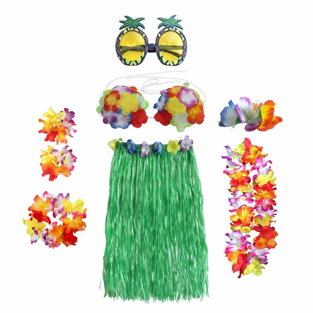 Hawaiian Garlands Hula Costume Accessory Kit - Hula Grass Skirt Lei Flower Lei Luau Garland Pineapple Glasses Necklace Costume Fancy Dress for Women Novelty Luau Skirts Party - 8PCS (Green)