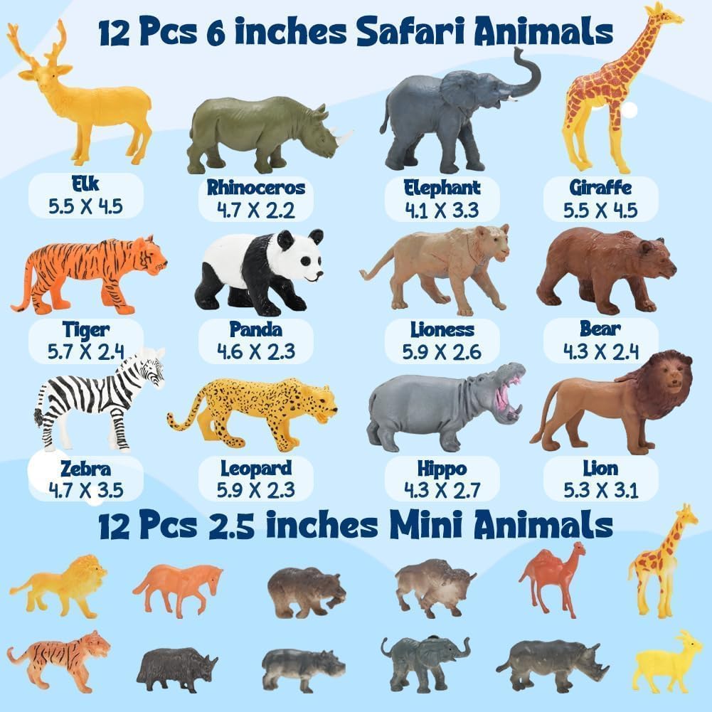 24Pcs Safari & Zoo Animals Figures, Realistic Plastic Animal Toys Set for Kids 1 2 3, Educational Jungle Animals Figures Playset, Party Supplies Birthday Gifts Christmas Stocking Stuffers