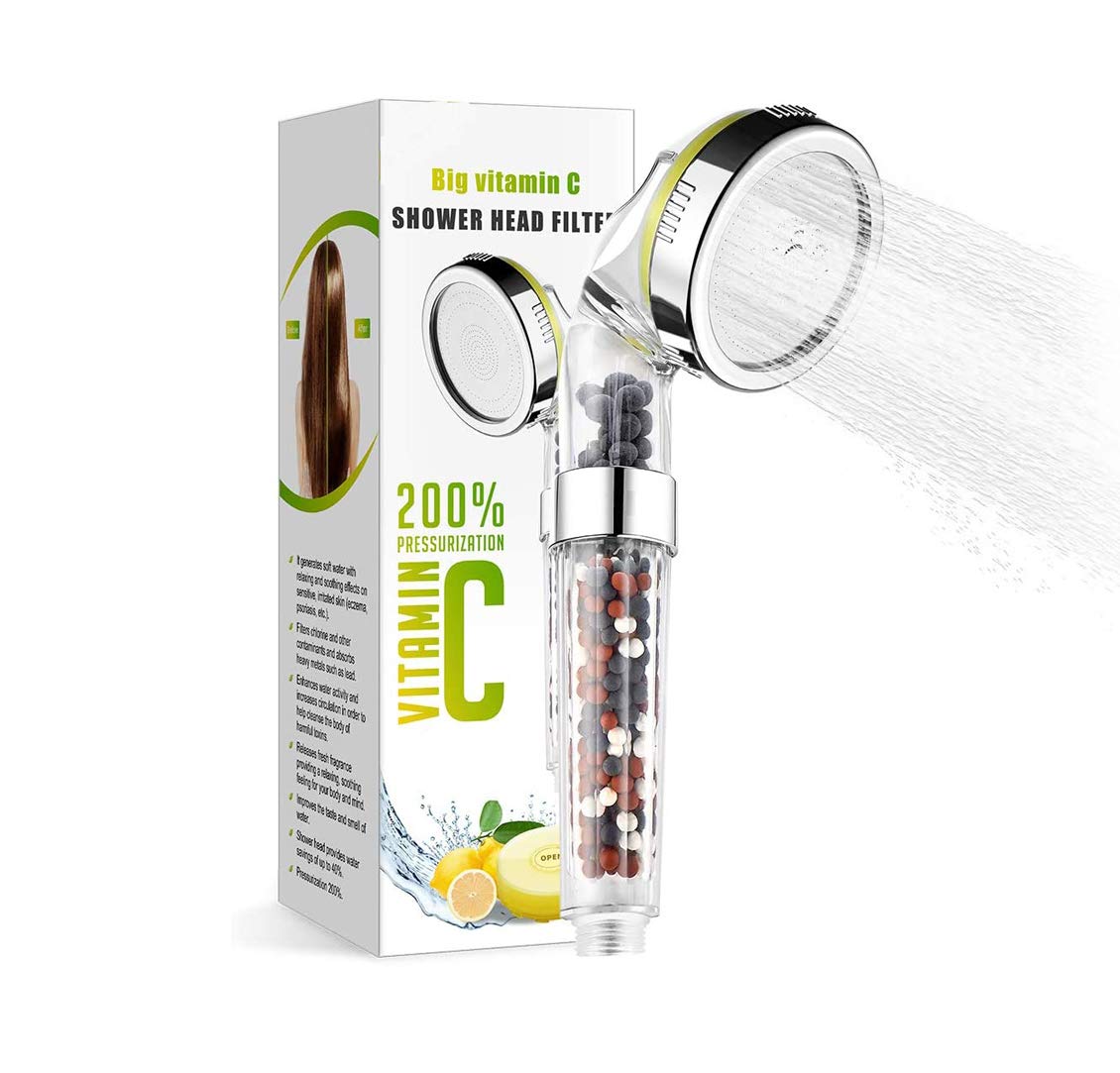 Vitamin C Filter Shower Head- Filtered Shower Head - Hard Water Softener - Chlorine & Flouride Filter - Universal Shower System - Helps Dry Skin & Hair Loss