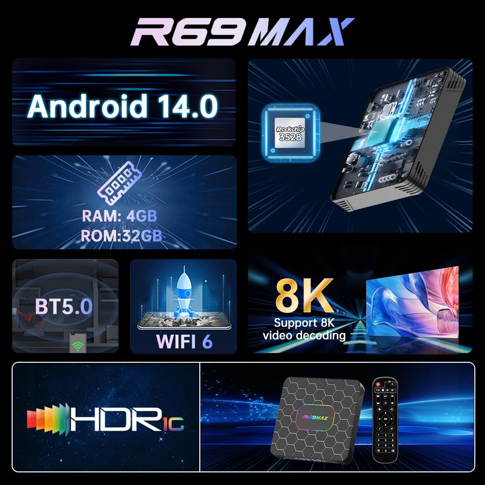 Android 14 TV Box 2025, R69 Max Android Box with 4GB RAM 32GB ROM RK3528 Quad-Core for Smart TV, 8K HD Video Decoding & HDR 10 Video Output ，Support WiFi6 2.4Ghz/5.0Ghz BT 5.0 TV Box