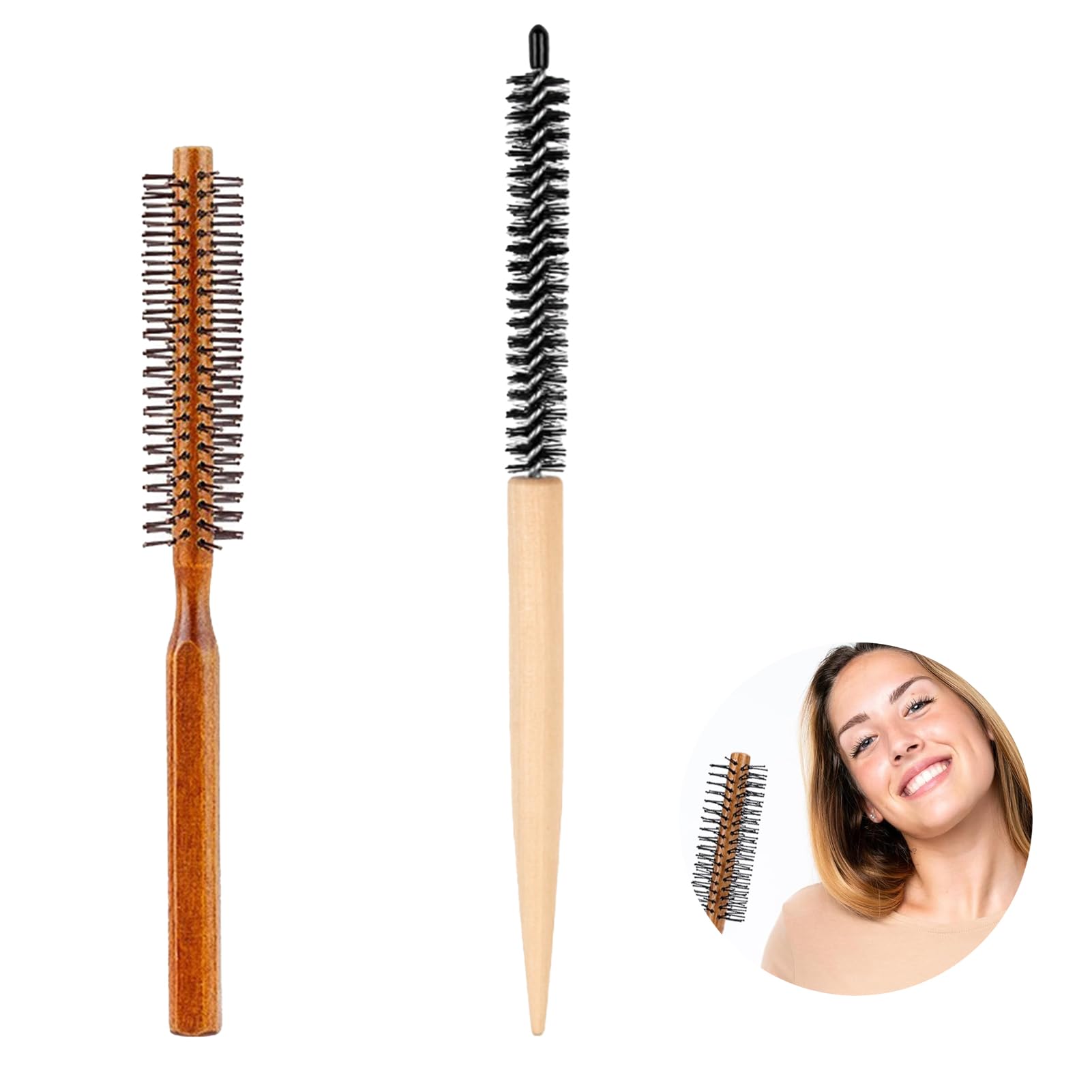 2 Pcs Round Hair Brush Curling Vented Barrel Mini Quiff Roller Brush with Nylon Bristle for Blow Drying and Styling Hair Bangs Beard