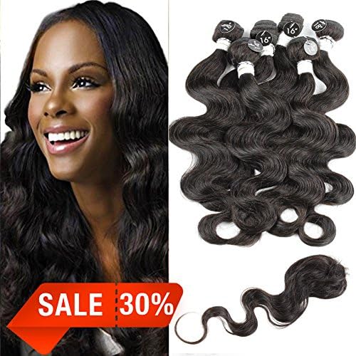 Wendy Queen Peruvian Virgin Hair Body Wave Remy Human Hair 6 Bundles Weaves with Top Closure 100% Unprocessed Hair Extensions Natural Color 14 16 18Inch+14” Closure 