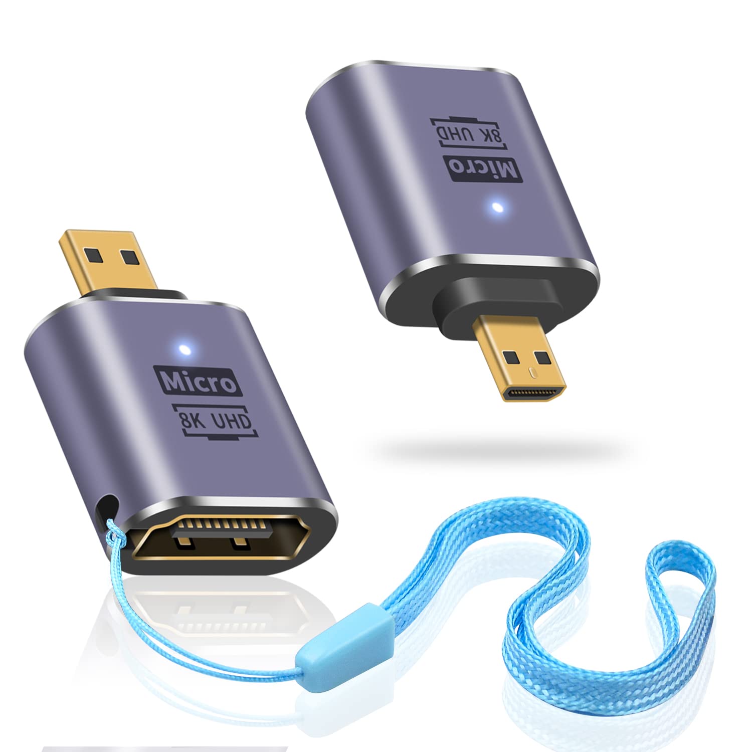 Duttek 8K HDMI to Micro HDMI Adapter, Standard Micro HDMI Extension Adapter 2.1 Version, Micro HDMI Male to HDMI Female Adapter with LED Light and Perforated Design Support 8K@60Hz, 4K@144Hz (2 Pack)