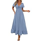 BTFBM Womens Spring Dresses 2026 Casual Short Sleeve V Neck Drawstring Wedding Guest Maxi Dresses Boho Beach Long Dress