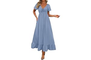 BTFBM Womens Spring Dresses 2025 Casual Short Sleeve V Neck Drawstring Wedding Guest Maxi Dresses Boho Beach Long Dress