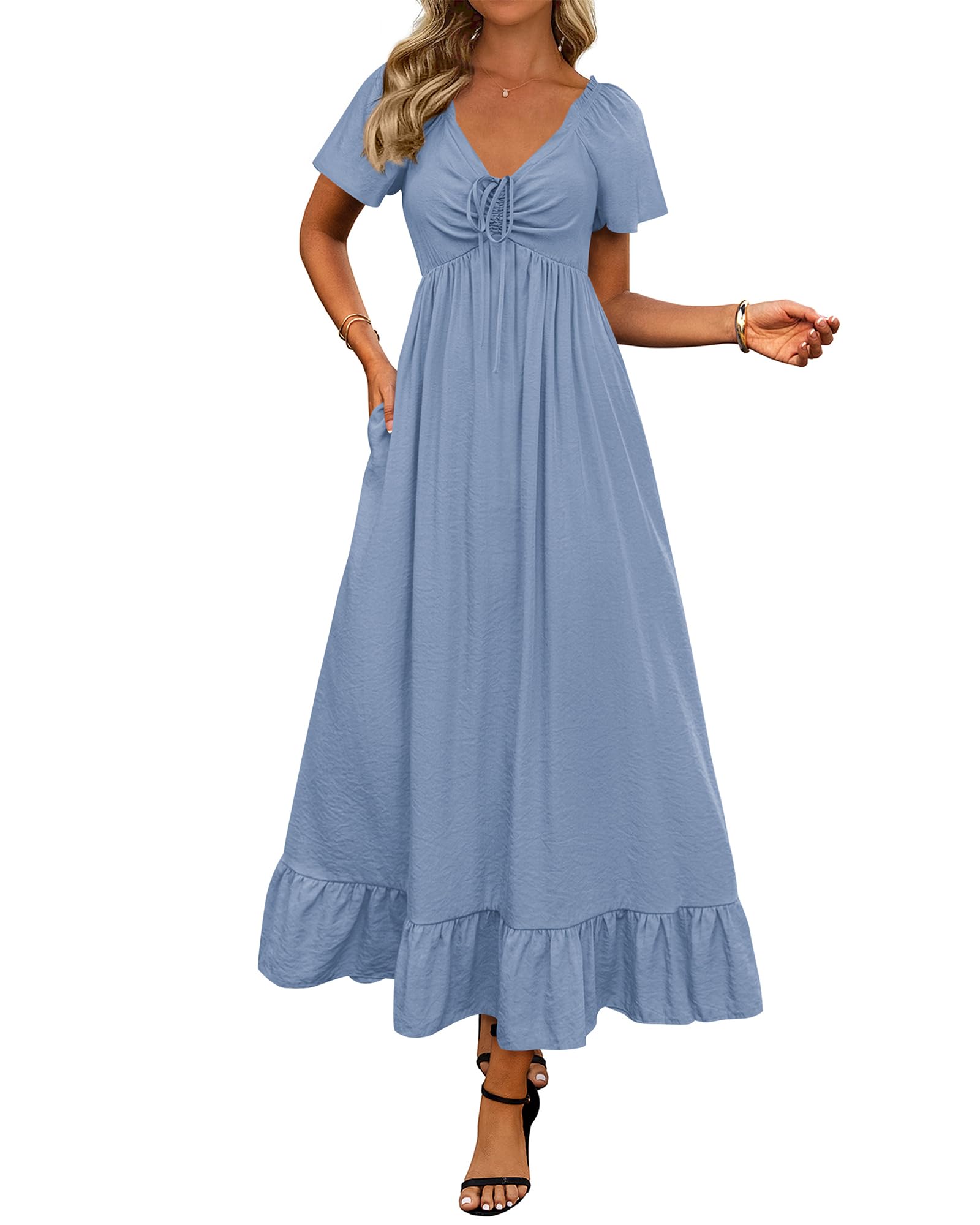Photo 1 of **PHOTO FOR REFRENCE** BTFBM Womens Summer Dresses 2025 Casual Short Sleeve V Neck Drawstring Wedding Guest Maxi Dresses Boho Beach Long Dress (Blue,Small)