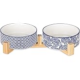 Selamica Ceramic 14 OZ Dog Bowls, Dog Food and Water Bowls with Wooden Stand, Anti-Slip Dogs Dishes Set for Cats & Small Dogs, Weighted Pet Bowls Set of 2, Vintage Blue B