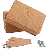 Risefit Sturdy Cork Yoga Blocks Pack of 2 and Yoga Straps Set, Firm Heavy Yoga Blocks Cork Pilates Exercise Grip Blocks Odor-