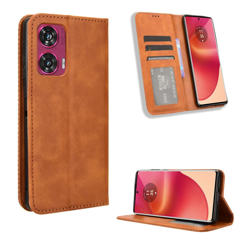 COMAKU Compatible with Motorola Edge 50 Fusion Case Leather - Flip Cover Protection magnetic Phone Case wallet with Card Holder - Brown