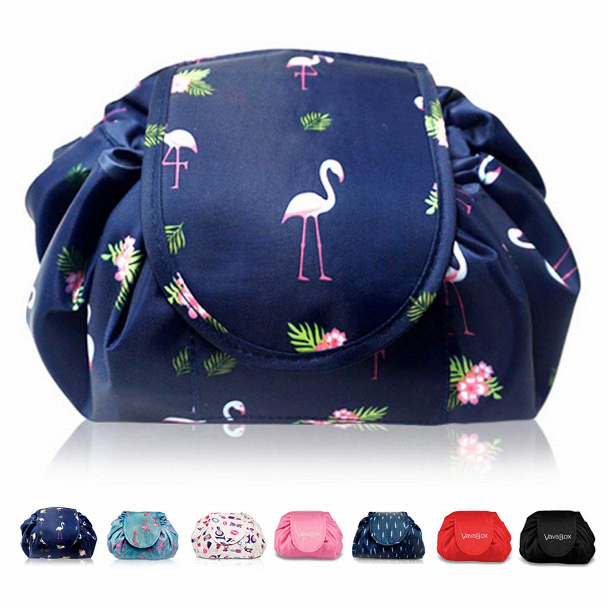 Lazy Drawstring Makeup Bags, Large Capacity Waterproof Travel Portable Cosmetic Bag Pouch Makeup Pouch Storage Organiser for Women Girl (Navy Flamingo)