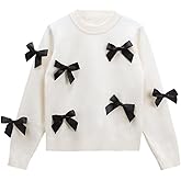 Danny D Girl' s Bow Crew Neck Pullover Sweaters Girl Children Long Sleeve Knitted Sweater