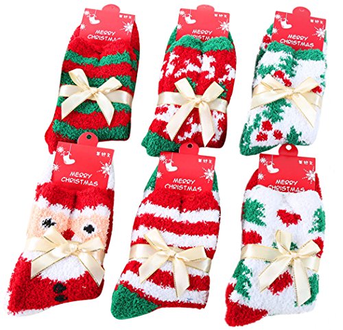 Christmas Fuzzy Socks,Kapmore 6 Pairs Cute Coral Fleece Warm Cozy Socks Holiday Slipper Winter Socks XMAS Fluffy Crew Socks for Women Girls