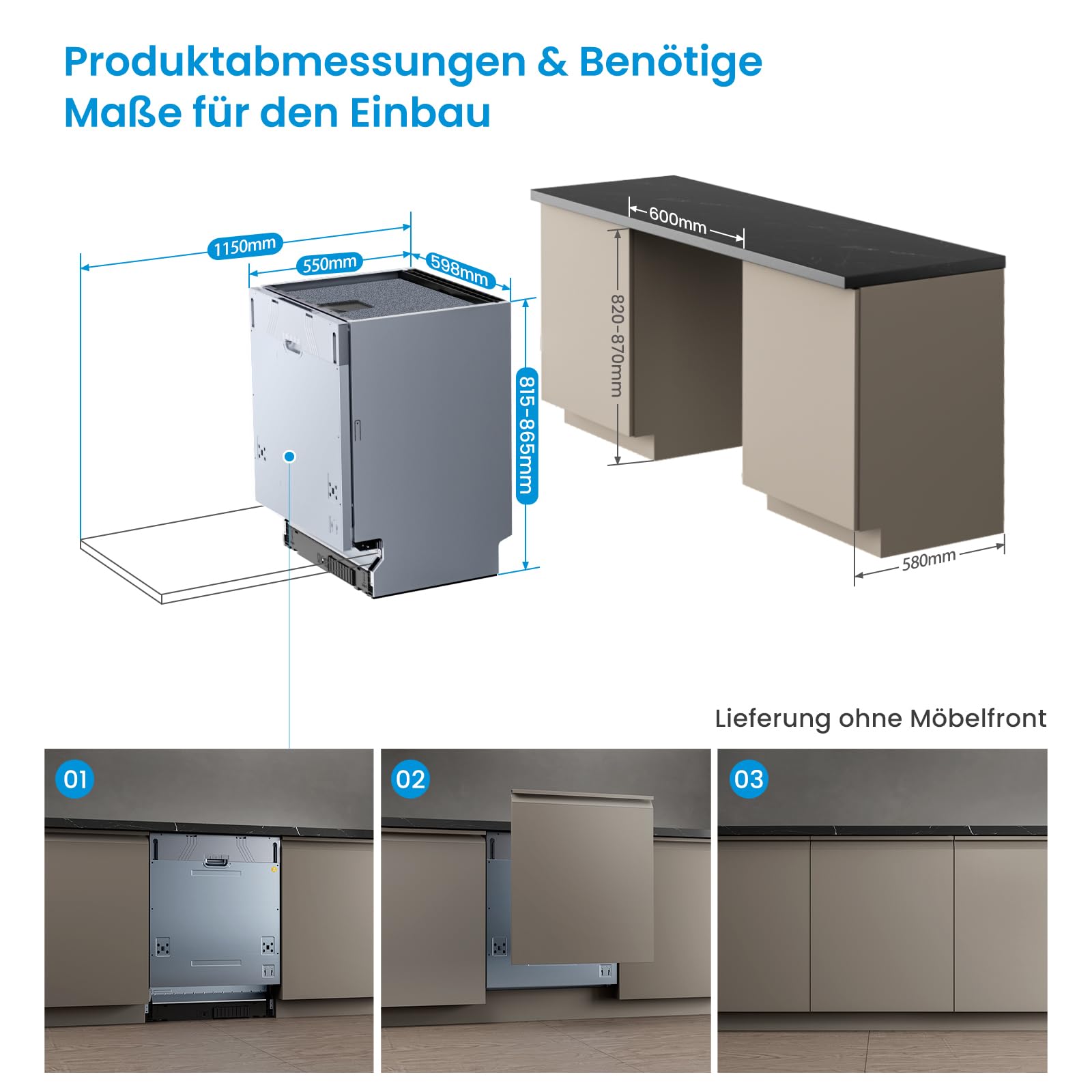 Midea SV 5.14K14C Geschirrspüler Vollintegriert 60cm, 14 Maßgedecke, Spülmaschine Unterbaufähig mit WIFI, 8 Programme, 44 dB, Automatische Türöffnung, 0-24H Startverzögerung, Inox 2