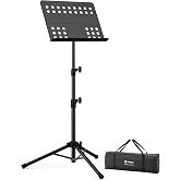 Vekkia Metal Professional Portable Perforated Sheet Music Stand | Folding Adjustable Holder/with Carrying Bag/Sturdy for Instrumental Performance, Band &amp; Travel