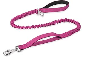 BUMBIN 6Ft Dog Leash Large Dogs, Bungee Dog Leash with 2 Handles, Heavy Duty Dog Leashes for Medium Small Dogs, No Pull Shock Absorbing Dog Leash with Car Seat Belt for Training, Pink