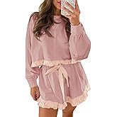 Fisoew Women's 2 Piece Lounge Sets Color Block Ruffle Cropped Sweatshirts Loose Drawstring Waist Shorts Sweatsuits