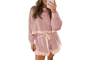 Fisoew Women's 2 Piece Lounge Sets Color Block Ruffle Cropped Sweatshirts Loose Drawstring Waist Shorts Sweatsuits