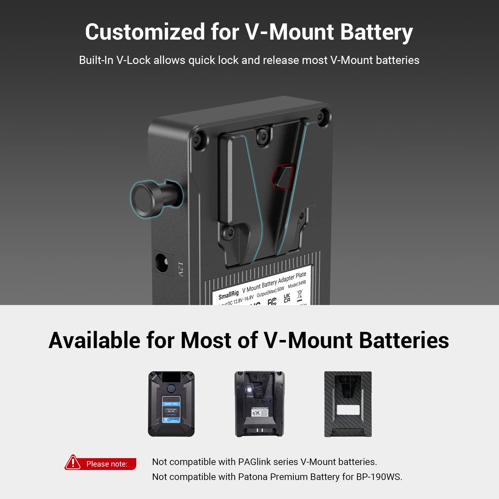 SmallRig V-Mount Battery Adapter Plate, V-Lock Battery Plate with Dual D-TAP and DC Ports, 15 mm Rod Clamp and 1/4