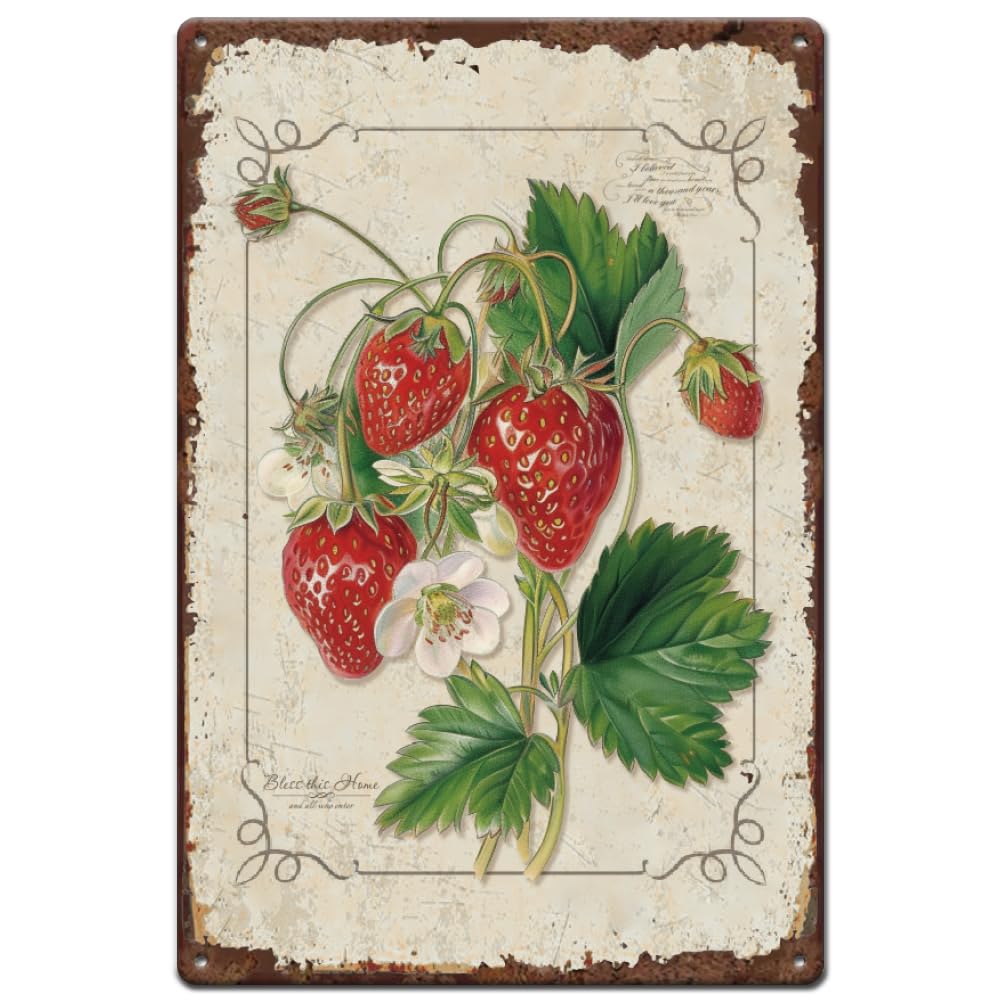 SUPERDANT Metal Tin Sign Strawberry Metal Signs Retro Fruits Wall Decor Plaque Outdoor Garden Decoration Vintage Wall Art Poster for Fruit Shop Pantry Bedroom Girl's Room
