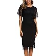 Women's Elegant Floral Lace Round Neck Short Sleeves Cocktail Party Bodycon Midi Dress 931