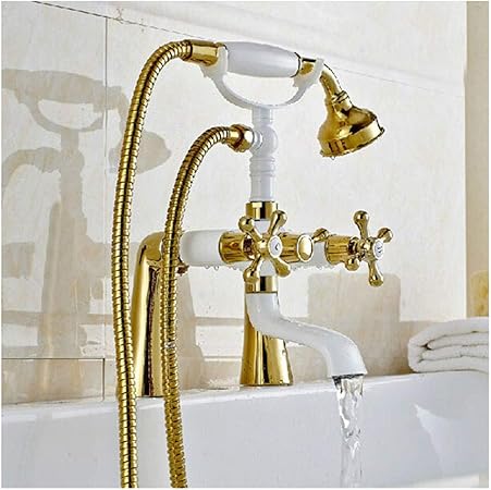Oro Grifo de Bañera Latón Juego de Ducha de Bañera Montado En Cubierta