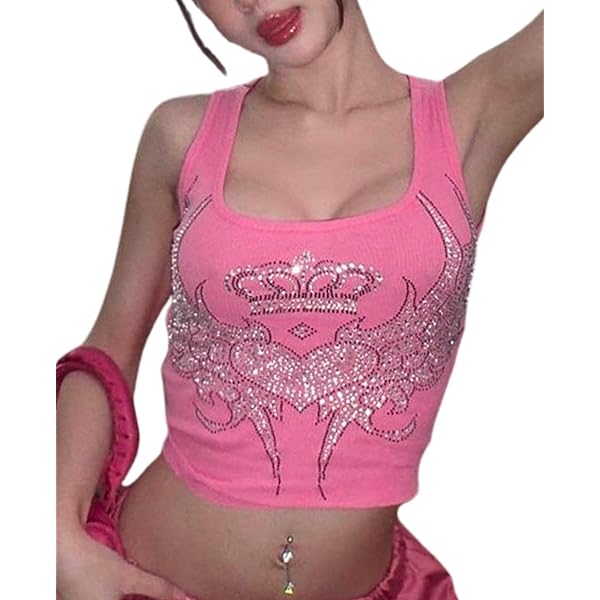 Lafaguw Tank Tops for Women Girls Heart Graphic Rhinestone U-Neck