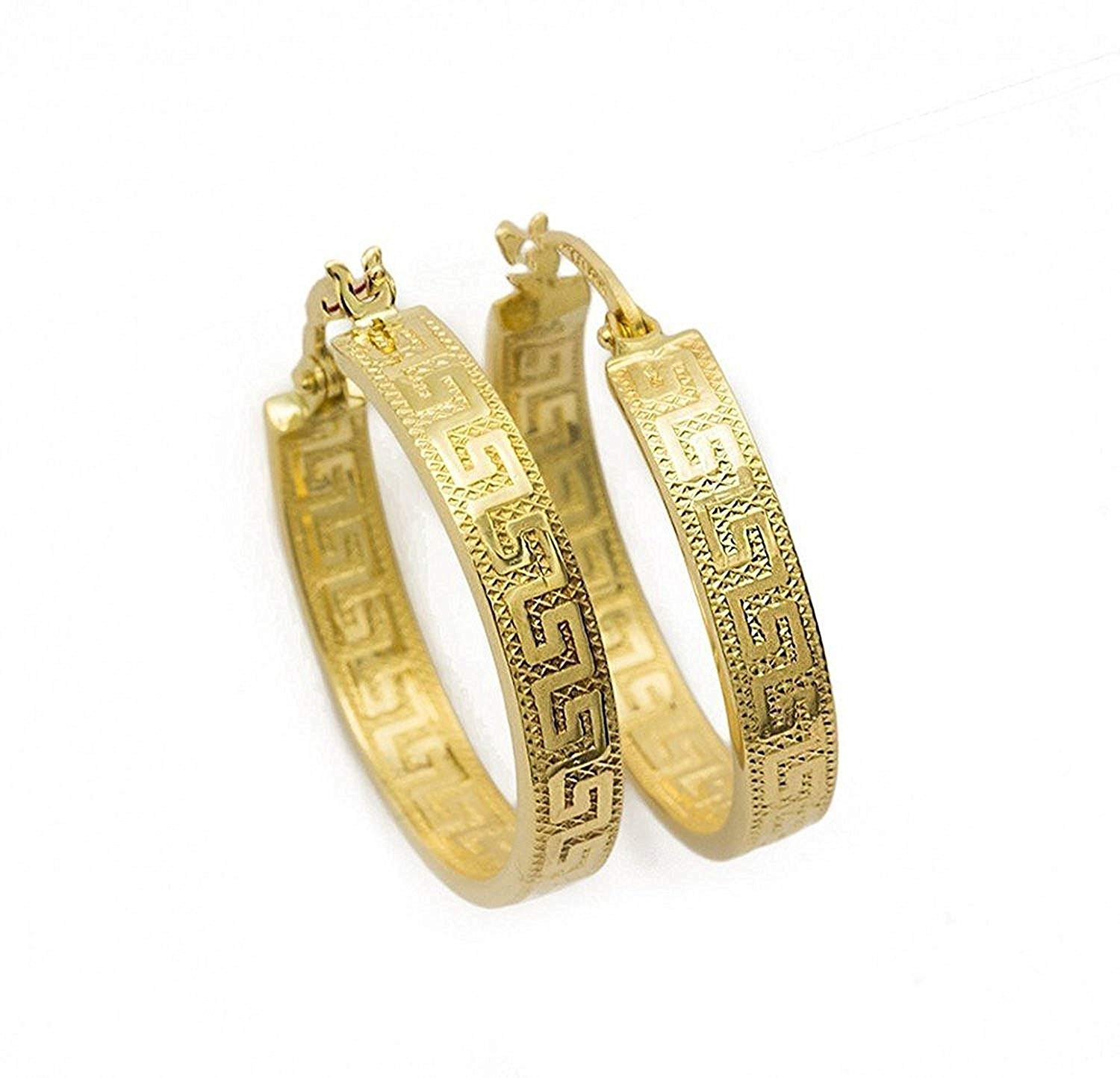 PRI37A Small Greek Key Hoop Earrings Yellow Gold 18 Carat / 750 Gold Diamond-Coated (2 x 14 mm Diameter)
