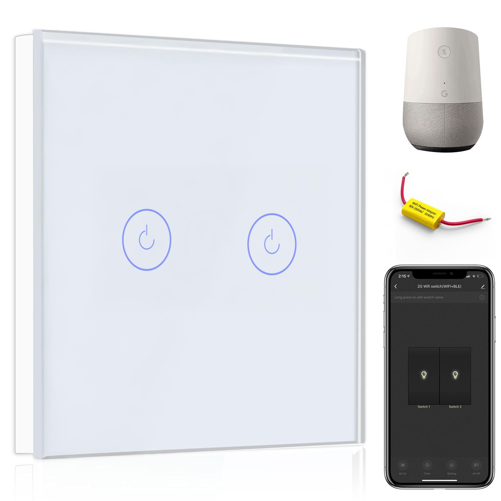 BSEED WiFi Touch Switch White,2 Gang 1 Way Smart Light Switch Compatible with Alexa and Google Home,with Smart Life Remote Control(No Hub Required)-No Need Neutral Wire