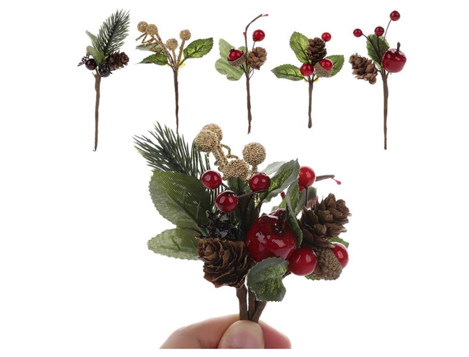 LouisaYork Artificial Pine Picks, 30pcs Christmas Red Berries Pine Cones Stems, Mini Stimulation Red Berries Branches for Xmas Flower Arrangements Wreaths Decorations