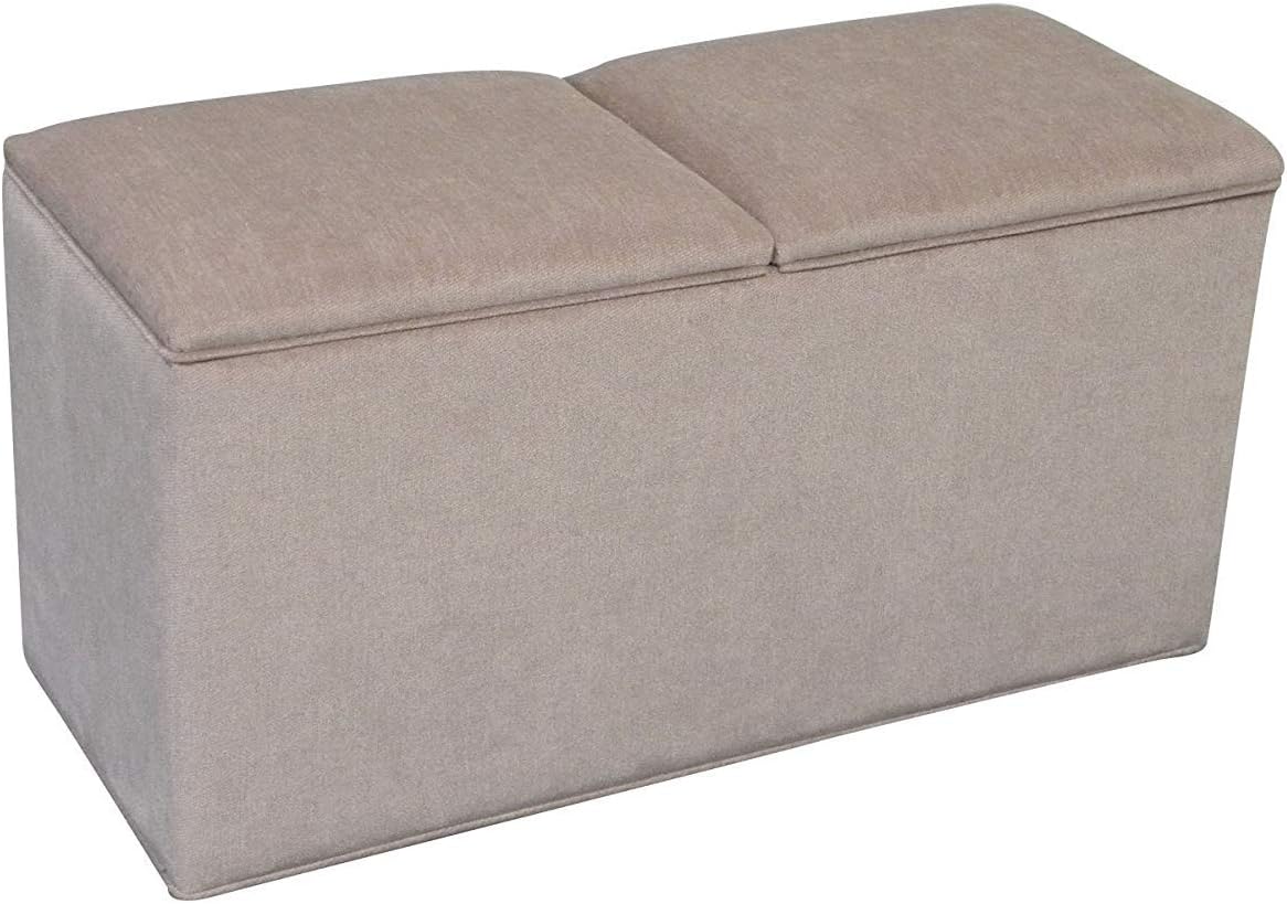 Storage Ottoman Pouffe Seat Stool Box in Beige Chenille Fabric Twin Lid BY NICE HEADBOARDS