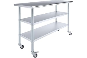 AmGood Stainless Steel Work Table with 2 Shelves and Casters | Metal Utility Table On Wheels (Stainless Steel Work Table with 2 Shelves + Casters, 60" Long x 24" Deep)